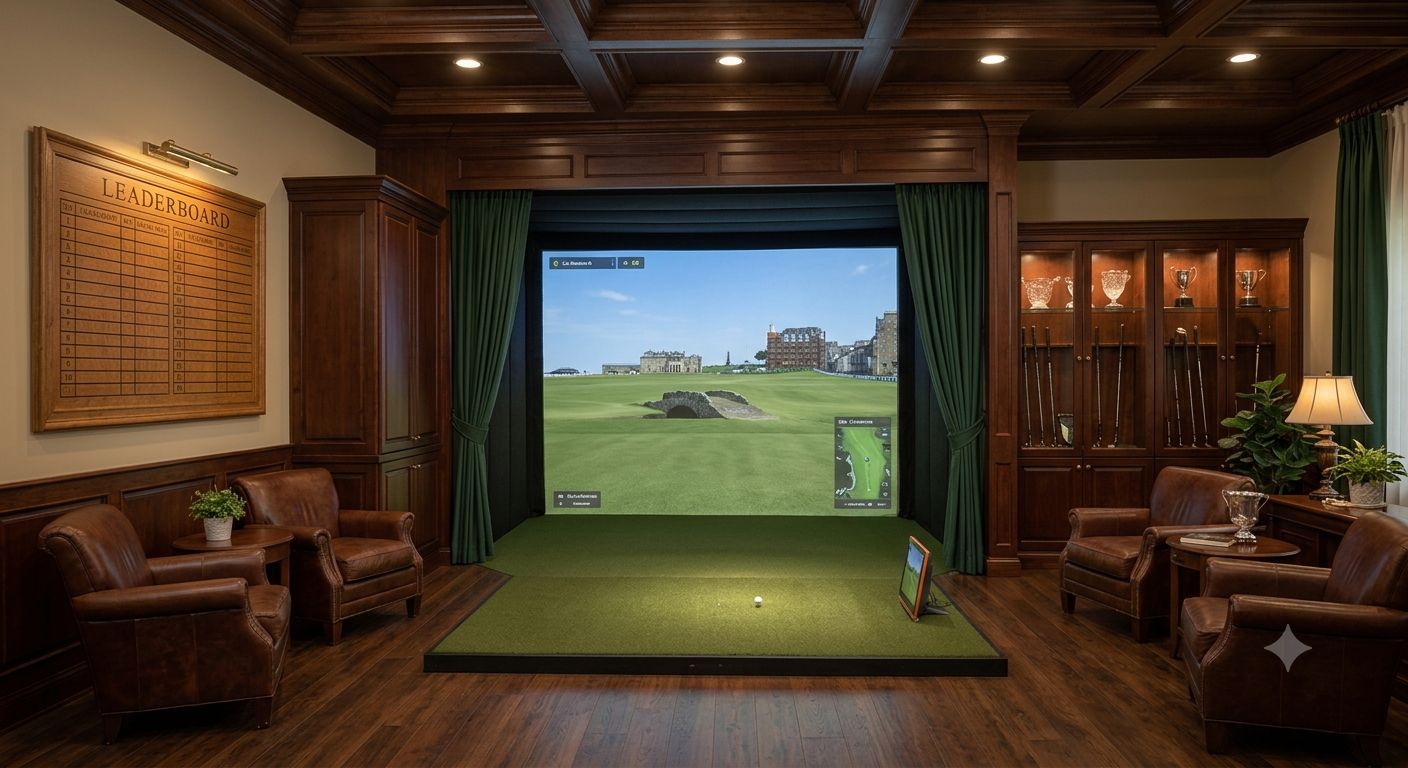 Traditional clubhouse-style golf simulator room