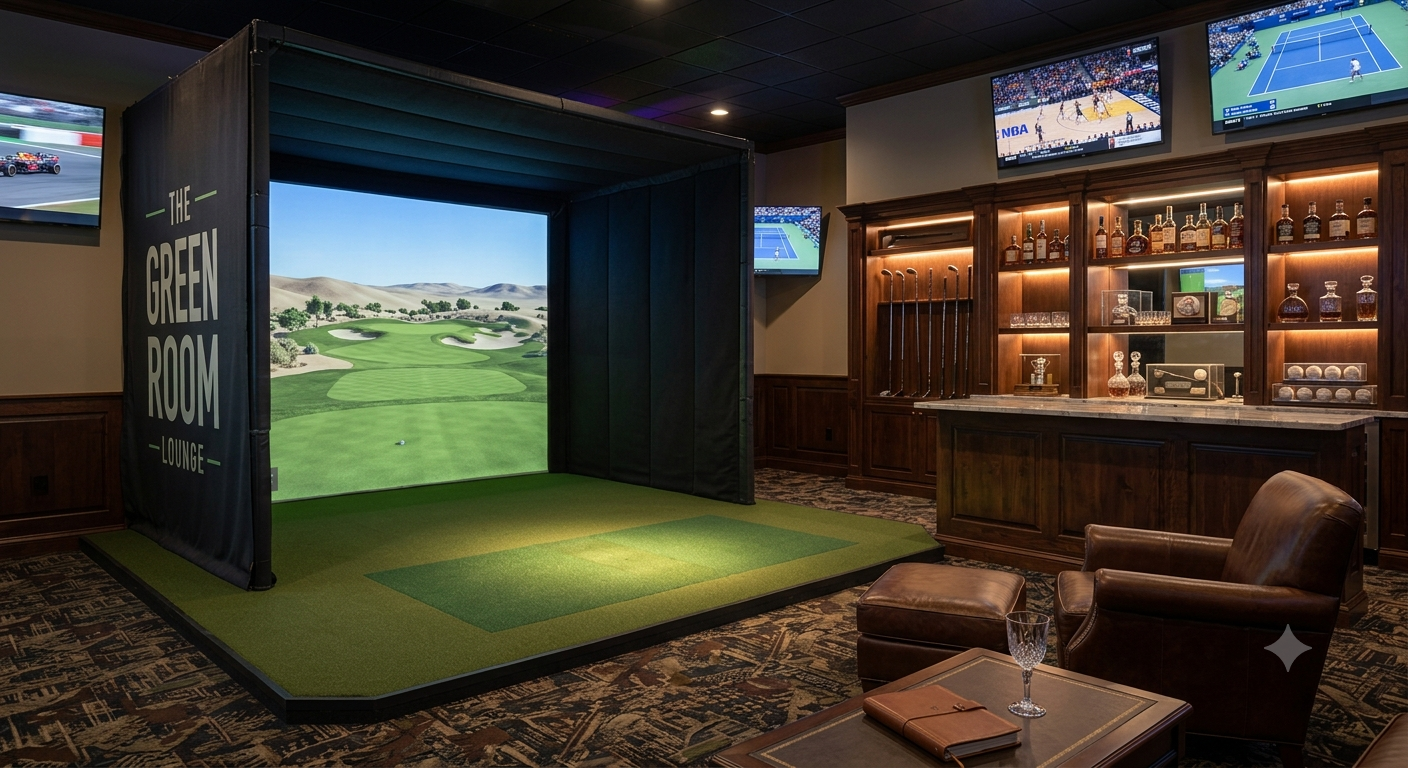 Golf simulator sports lounge with bar